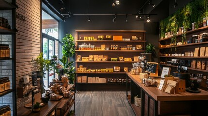 Cozy organic shop interior with wooden shelves and ambient lighting