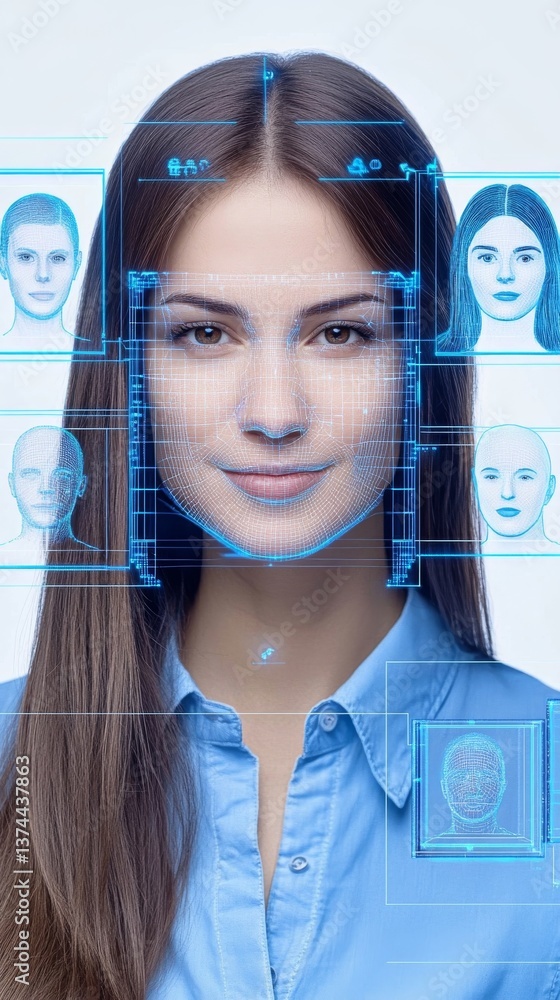 Poster innovative facial recognition technology showcased with a digital interface and user interaction