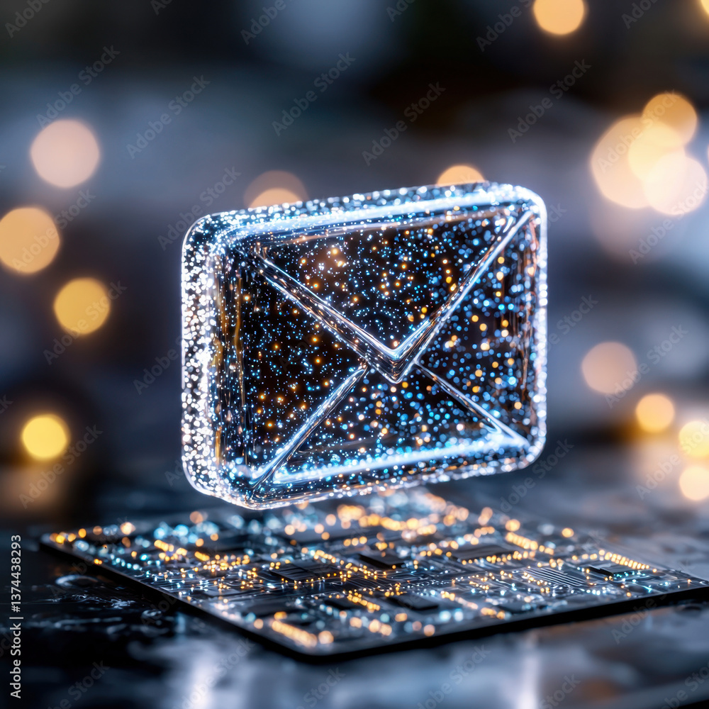 Poster glowing digital email icon above keyboard with bokeh lights