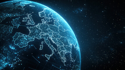 Obraz premium Glowing Digital Earth Global Network in Dark Space