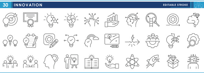 A set of line icons related to Innovation. Innovate, create, invention, bulb, setup, teamwork, digital, award, brilliant, and so on. Vector editable stroke.