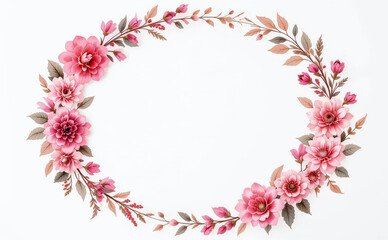 Elegant floral wreath with pink flowers and delicate leaves on white background, perfect for invitations or decorative designs