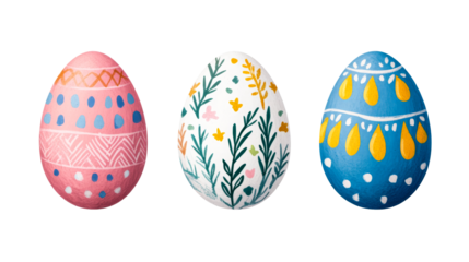 Three beautifully painted Easter eggs with floral, line patterns, cut out transparent