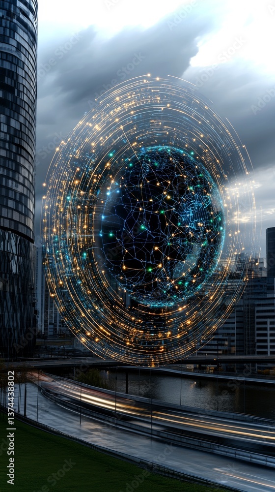 Poster thoughts radiating in glowing patterns above futuristic cityscape with neural connections