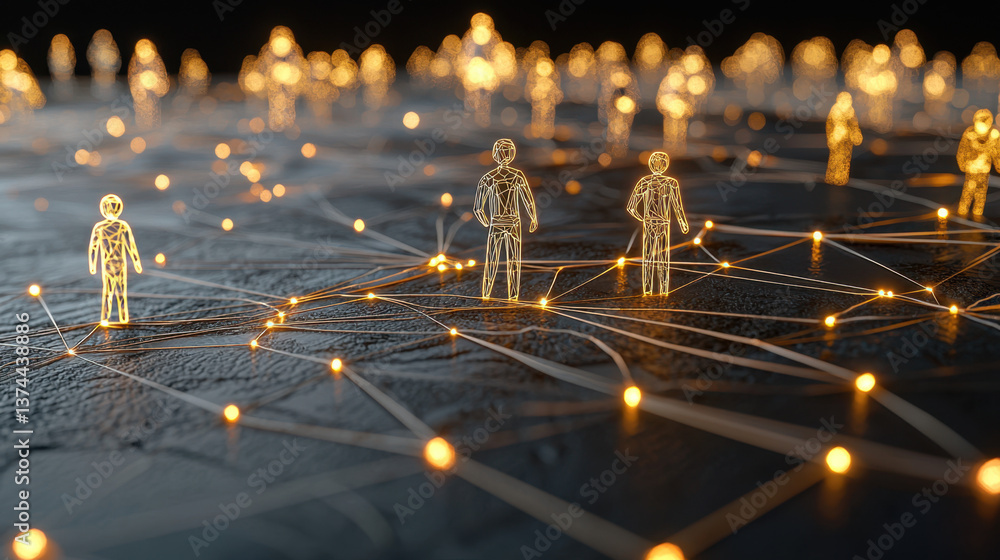 Poster glowing human figures interconnected on dark textured surface abstract network visualization