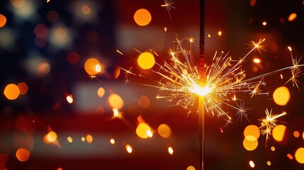 sparkling sparkler with bokeh lights and american flag in background for independence day celebration

