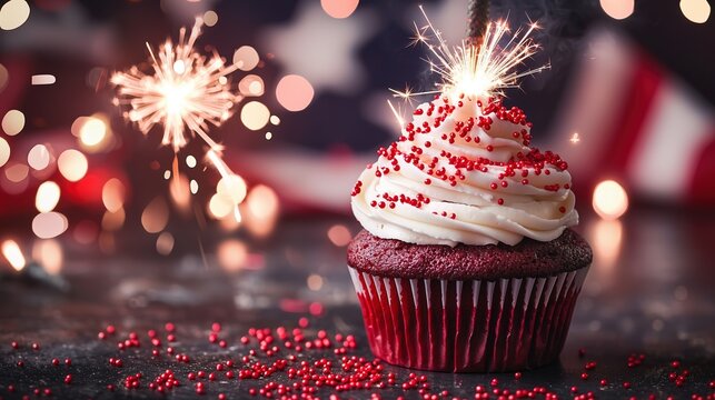 patriotic cupcake with sparklers and bokeh american flag for independence day celebration

 - Powered by Adobe