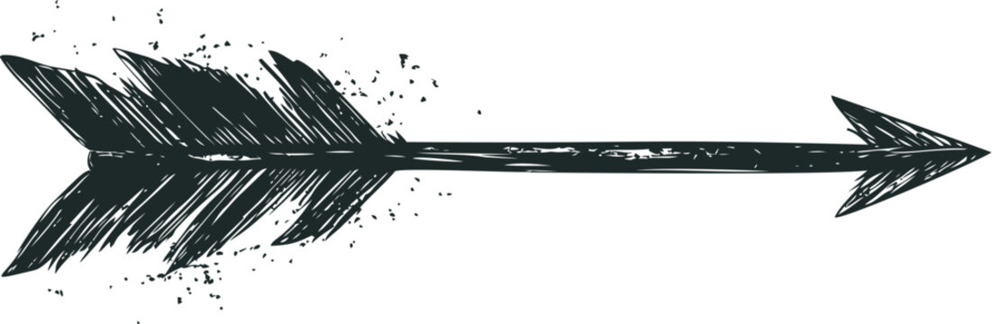 Black and white hand drawn rustic arrow illustration with splatter details. Vector illustration