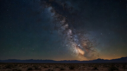 A starry night over a vast desert landscape, with the Milky Way shining bright above