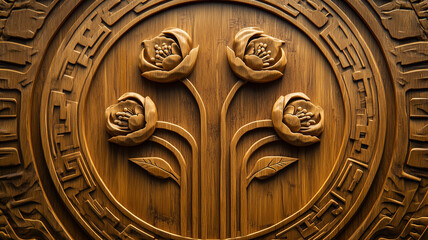 3D carved wood relief, a logo with three flowers and an electric circuit around it on the front of a round wooden signboard . Ai generated
