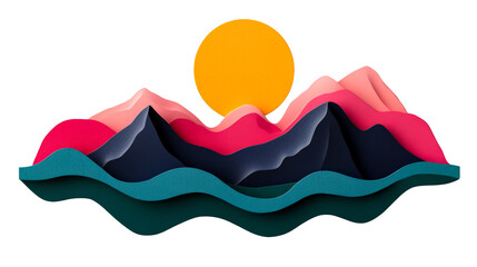 Mountain landscape with sun, layered paper art, cut out transparent