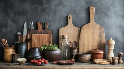 Rustic kitchen scene with wooden cutting boards and utensils