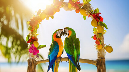Pet wedding arch with two colorful parrots kissing on beach

