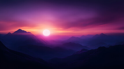 Obraz premium The sun setting over distant mountain peaks, casting vibrant purple and pink hues across the sky.