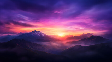 Fototapeta premium The sun setting over distant mountain peaks, casting vibrant purple and pink hues across the sky.
