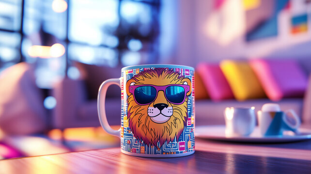 A colorful coffee mug with an illustration of a cute lion wearing sunglasses, placed on the table in front view, surrounded by digital tech symbols like code and circuit patterns. Ai generated