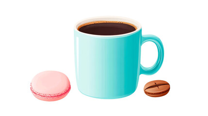 Mug coffee, macaron, bean on black background, cut out transparent