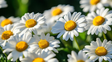 A group of white daisies with yellow centers, vibrant and colorful, macro photography, detailed close-up, sunny day. Ai generated
