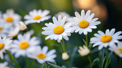 Fototapeta premium A group of white daisies with yellow centers, vibrant and colorful, macro photography, detailed close-up, sunny day. Ai generated