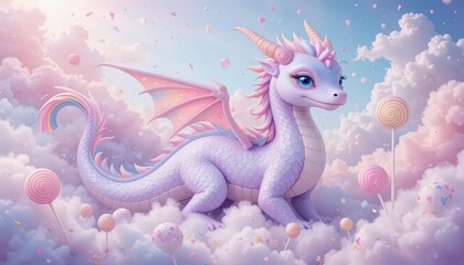 Obraz premium A Whimsical Illustration of a Dragon in a Dreamlike Setting, Painted in a Soft and Dreamy Watercolor Style