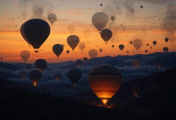 Obraz premium Dark Skies Balloon Silhouettes in the Evening