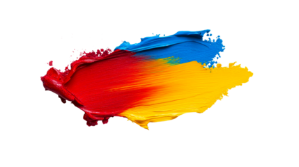 Vivid brushstroke of red, blue, and yellow acrylic paint , cut out transparent
