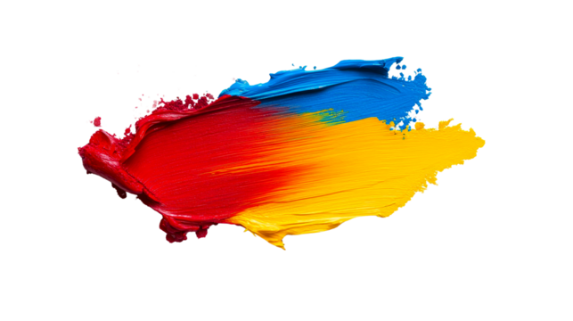 Vivid brushstroke of red, blue, and yellow acrylic paint , cut out transparent