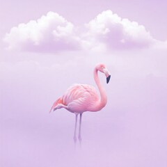 Naklejka premium Dreamy periwinkle flamingo in soft haze, feathers shimmering under delicate lavender mist and floating cotton-white clouds.