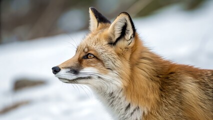 Fototapeta premium Side view of a red fox standing alert in a snowy forest environment.