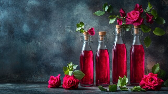 Red juice bottles with roses on textured blue background