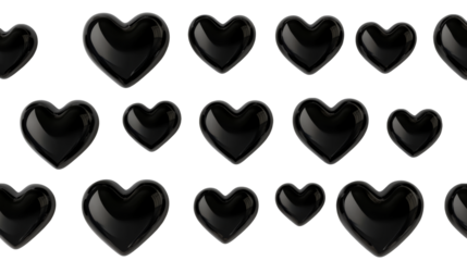 Glossy black hearts on a transparent background, cut out transparent