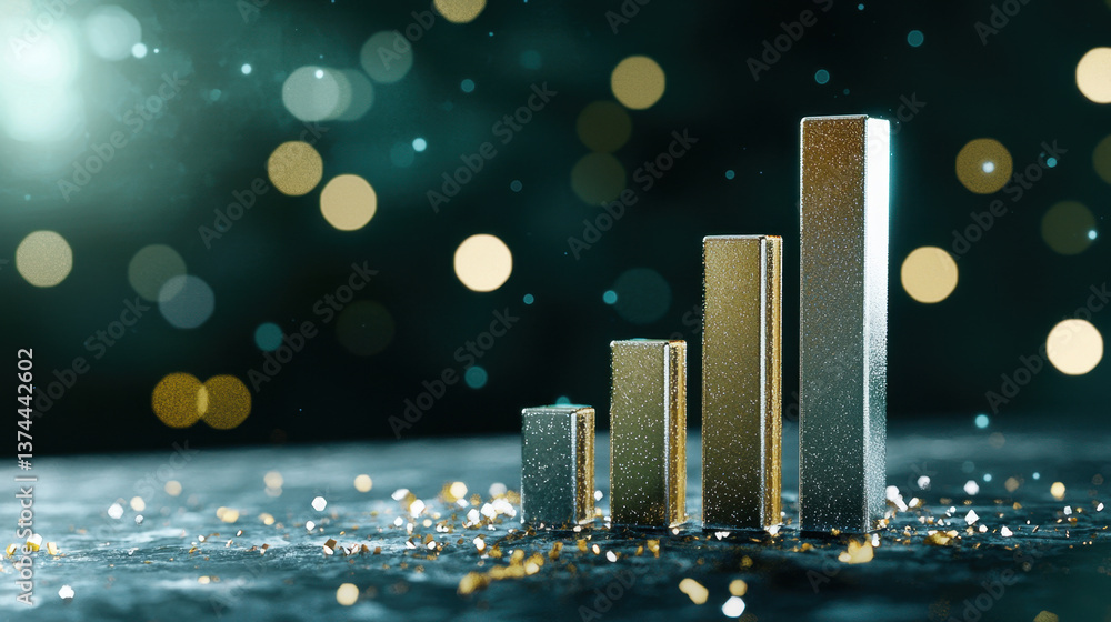 Poster metallic bar graph ascending on dark background with gold glitter and bokeh lights