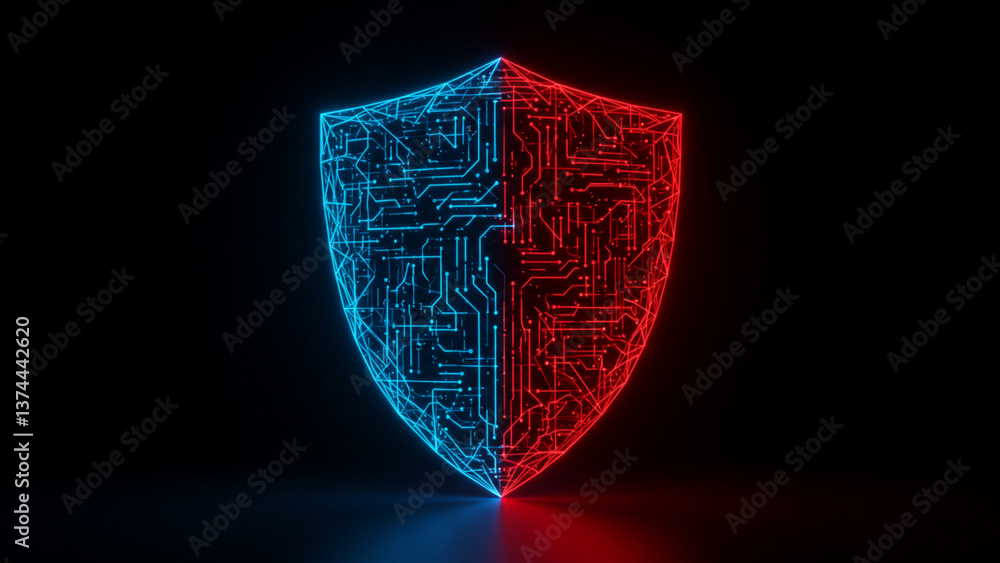Poster an abstract representation of a shield in a futuristic style, highlighted by neon blue and red lines