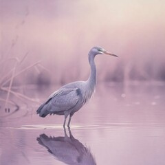 Naklejka premium Soft Lavender Crane in Dreamy Pastel Lagoon