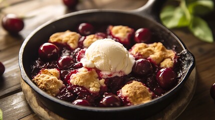 Skillet cherry cobbler with vanilla ice cream