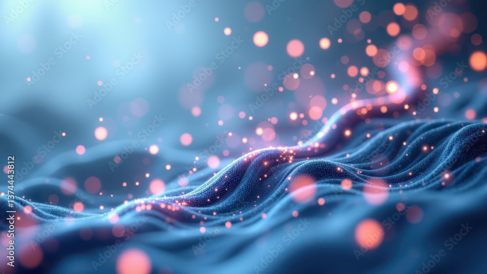 Poster glorious glow of a molecule with a wave-like form, hinting at molecular structure.