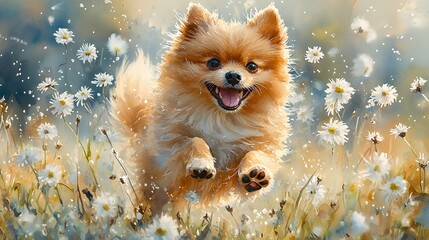 Obraz premium Happy Pomeranian dog leaping through daisy field