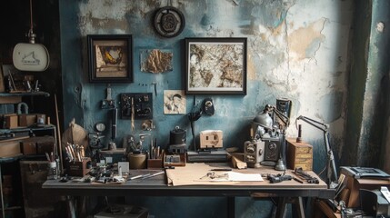 Vintage workspace with typewriter, lamp and nostalgic decor