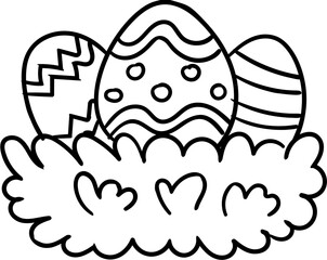 Easter doodle illustration clipart. Colorful Easter eggs nestled in a decorative nest.