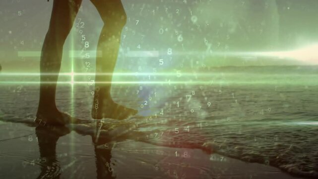 Sailing boat on ocean with digital numbers and light beam overlay animation