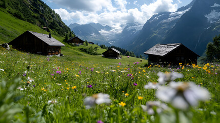 Fototapeta premium Wooden chalets scattered across an alpine meadow, surrounded by a variety of vibrant wildflowers, and offering stunning views of the surrounding mountains.