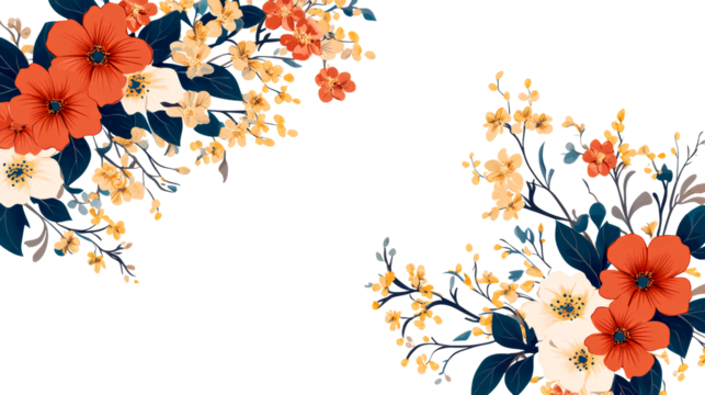 Floral corner frame with blossoms isolated, cut out transparent