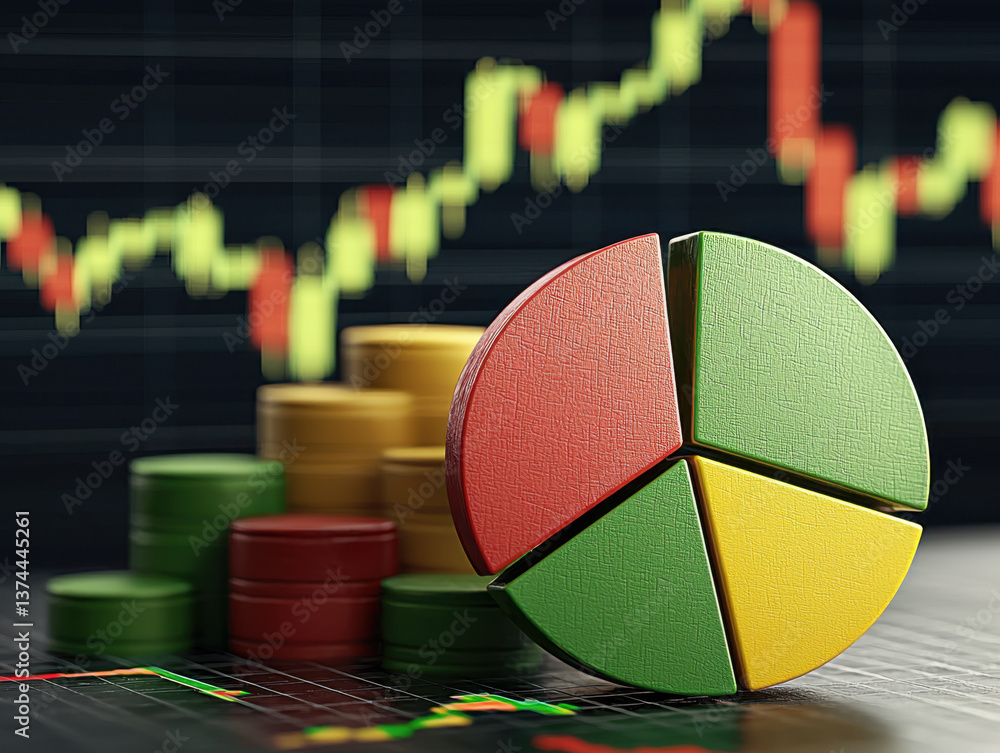 Poster textured pie chart and coin stacks against candlestick chart background