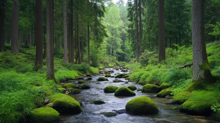 Fototapeta premium Tranquil Stream Flowing Through Lush Green Forest Landscape