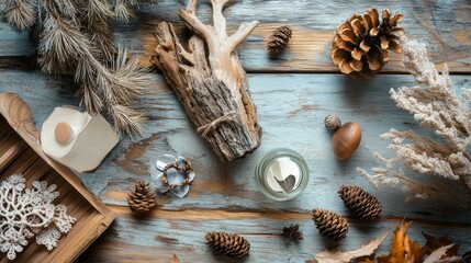 Winter rustic flat lay with candles and pine cones
