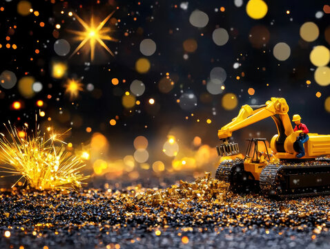 Yellow Toy Excavator on Glittering Surface with Bokeh Lights and Golden Sparkles