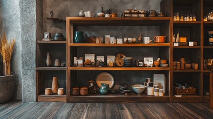 Wooden shelf filled with clay pottery in earthy tones