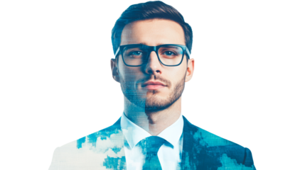 Portrait of a thoughtful man in a suit with skyline, cut out transparent