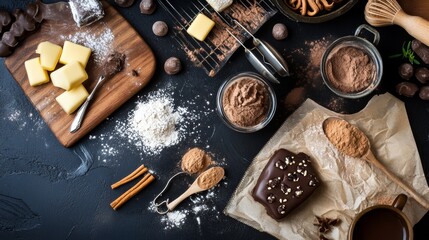 Overhead view of chocolate, cookies and baking ingredients