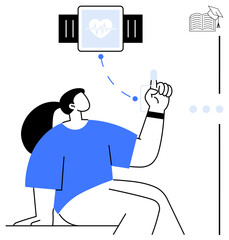 Woman interacts with smartwatch displaying heartbeat, signaling device synchronization. Ideal for health, technology, fitness, education, self-improvement, wearable devices futuristic concepts. Flat